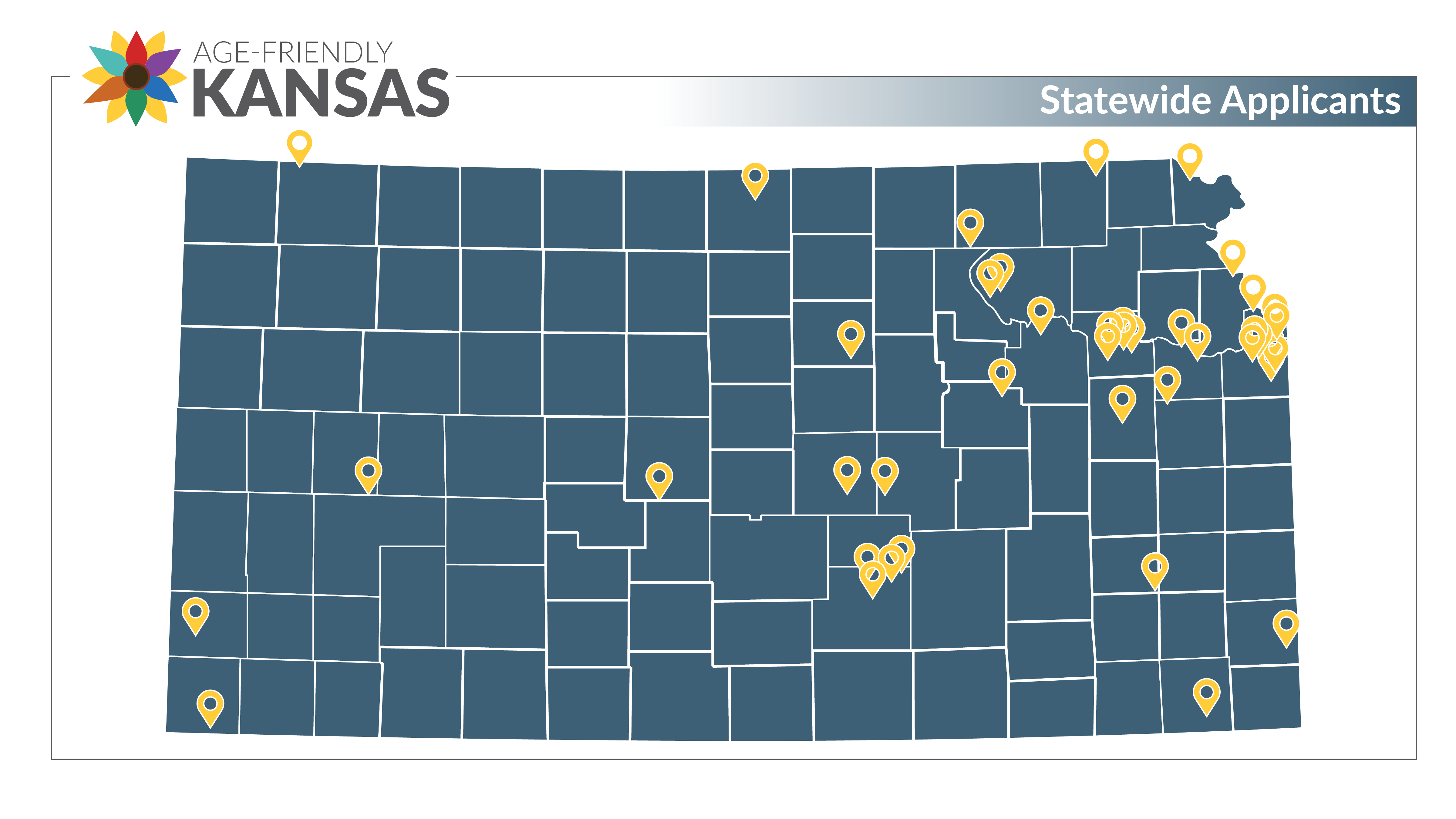 Kansas map showing statewide applicants to the Age-Friendly Kansas advisory process