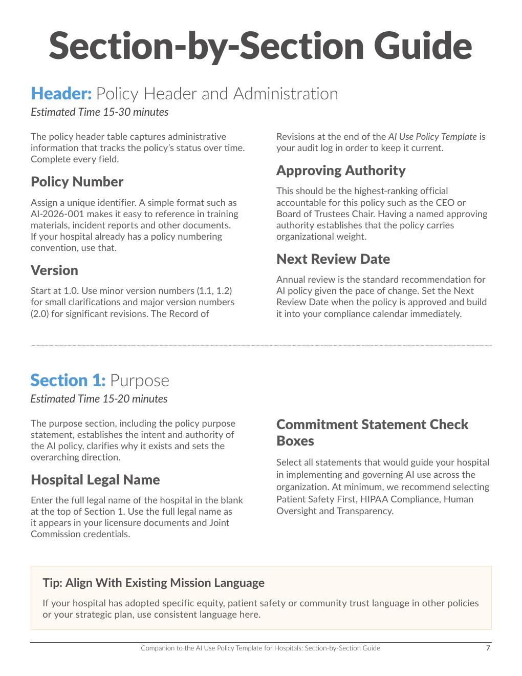 Interior page from the hospital AI policy companion guide