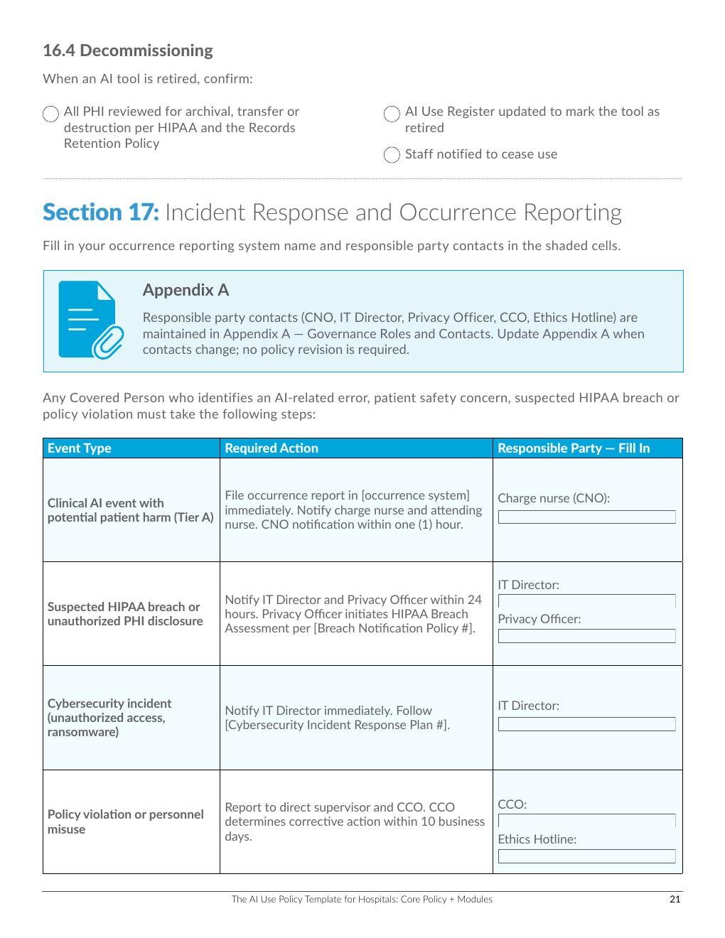 Hospital AI policy add-on modules worksheet